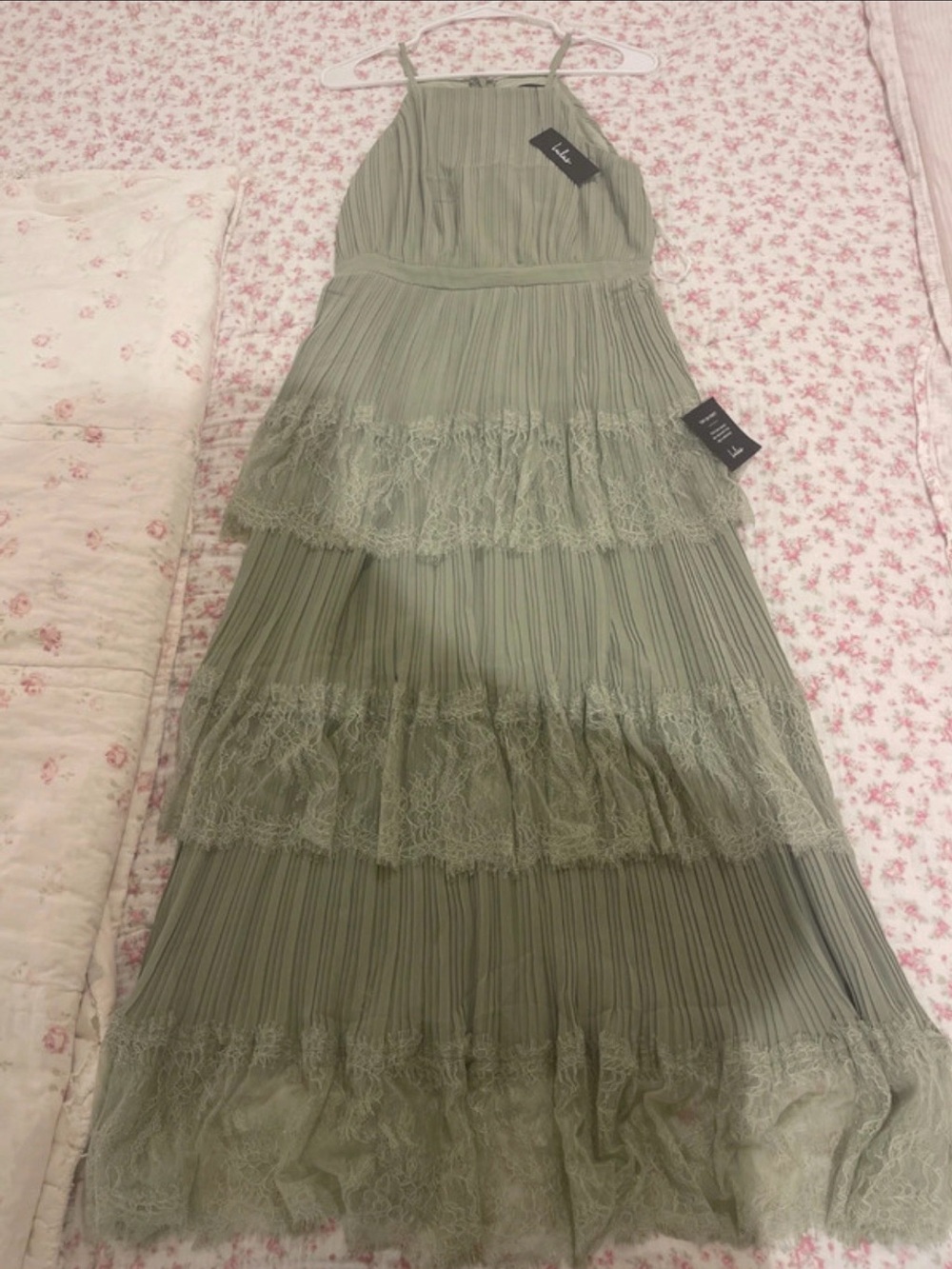 Lulu's Sage Green Pleated Lace Tiered Maxi Skirt